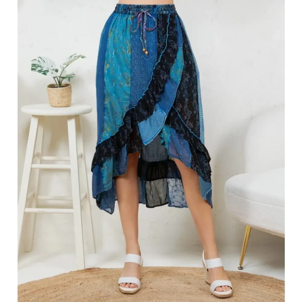 Young Threads Indigo Blue Patchwork Ruffle Wrap Midi Skirt XL - Coastal Boho